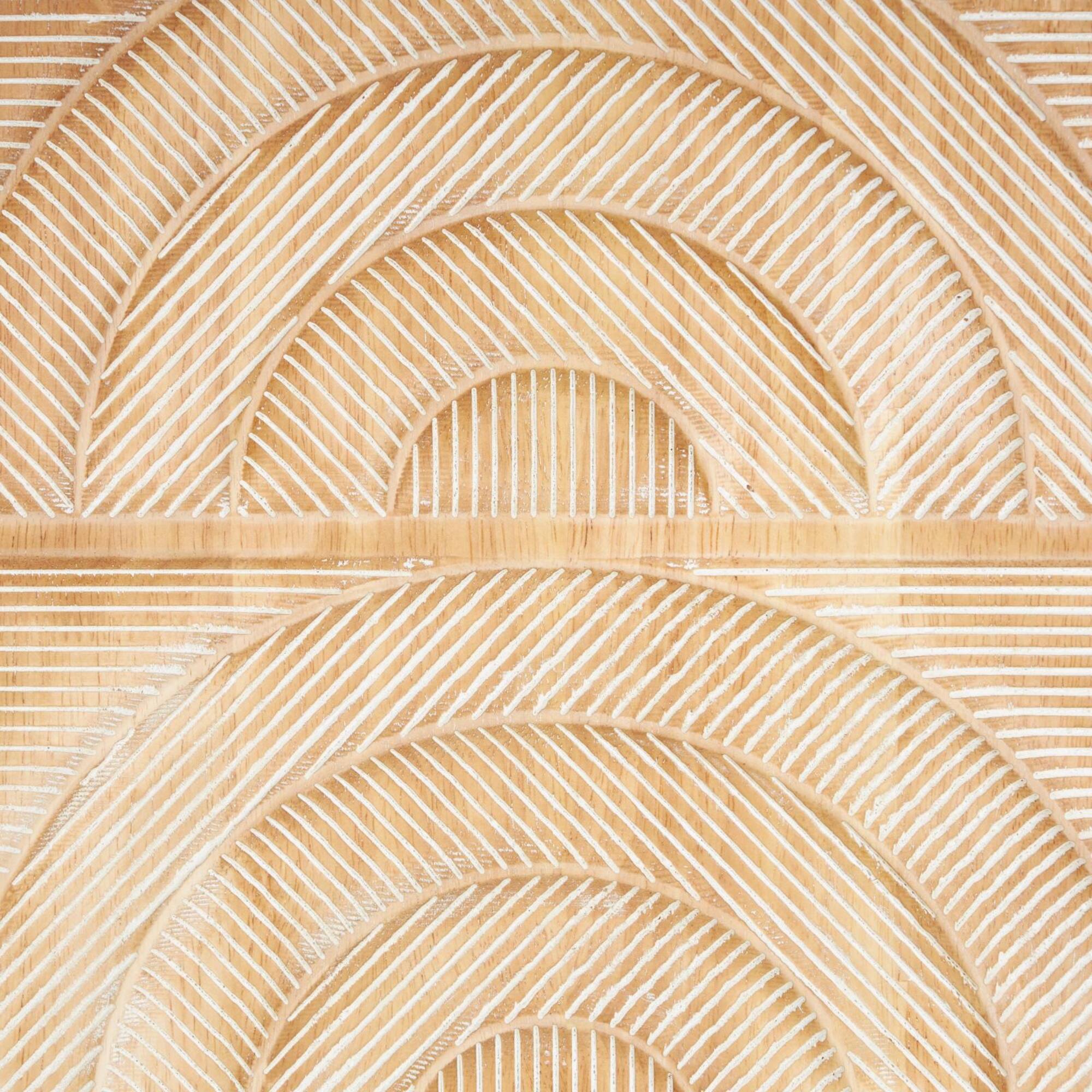 13" x 37" Light Brown Wood Geometric Carved Panel Arch Wall Décor with White Linear Markings Set